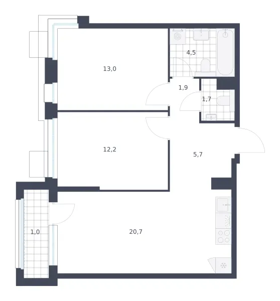 2-комн. 60.7 м²