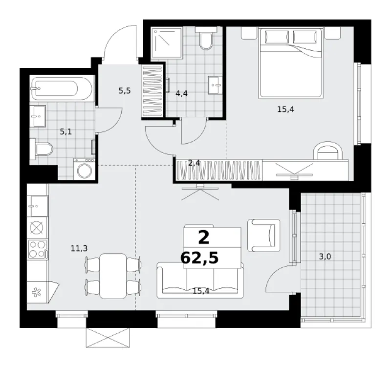 2-комн. 62.5 м²
