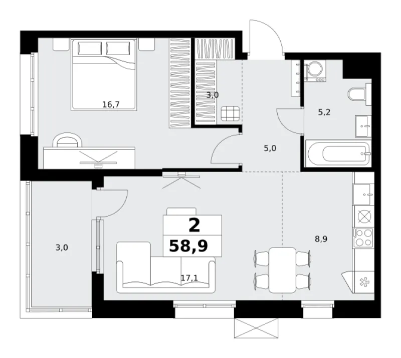 2-комн. 58.9 м²