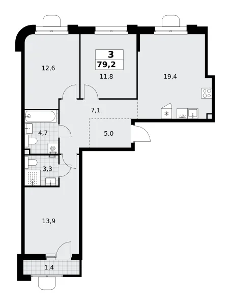 3-комн. 79.2 м²