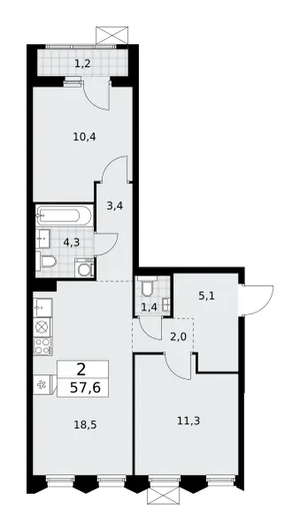 2-комн. 57.6 м²