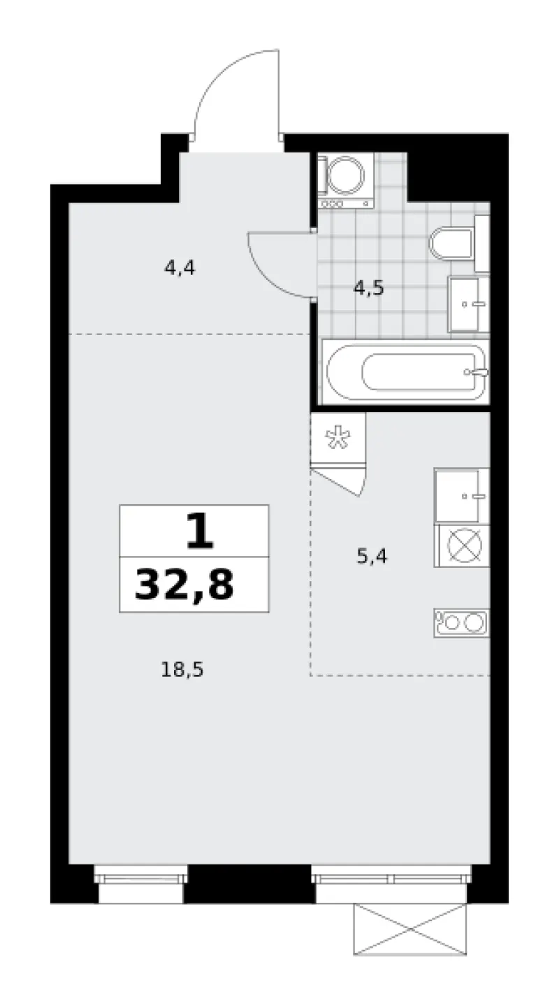 Студия 32.8 м²