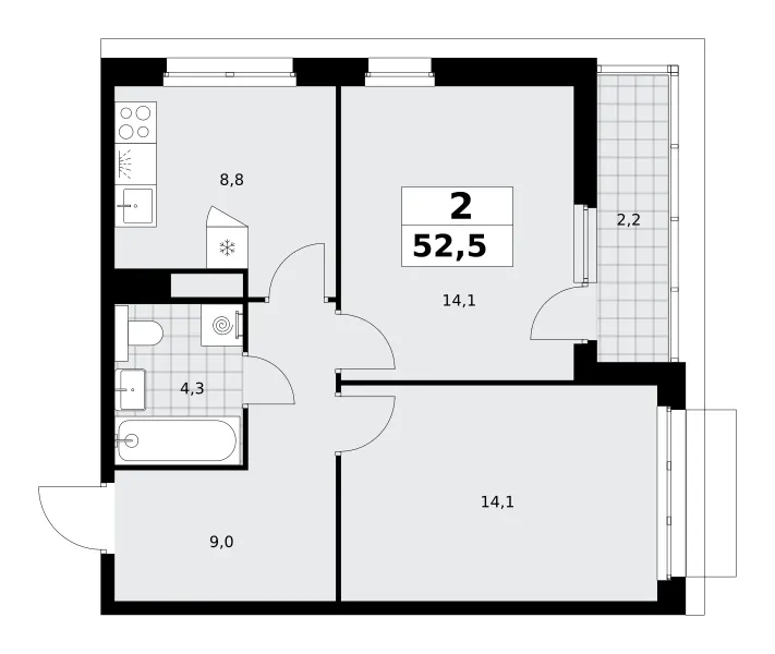 2-комн. 52.5 м²