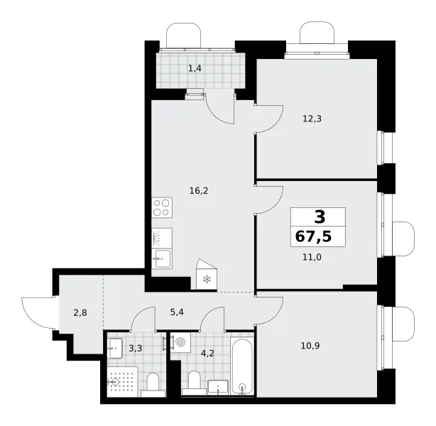 3-комн. 67.5 м²