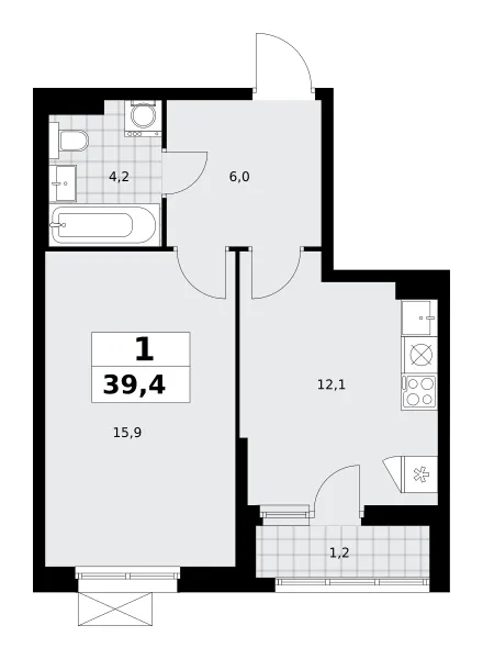 1-комн. 39.4 м²