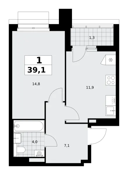 1-комн. 39.1 м²