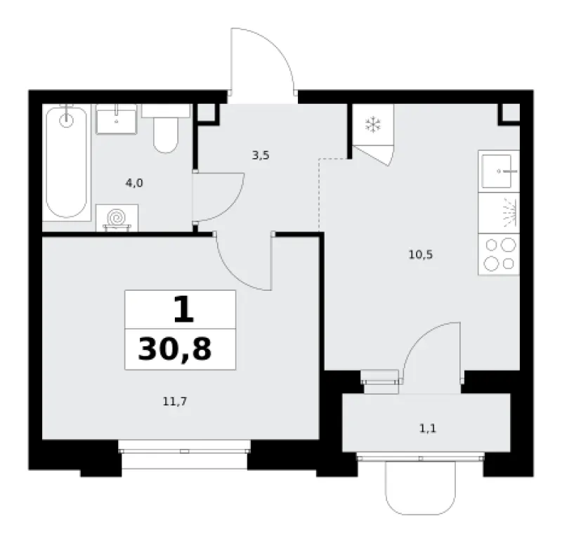 1-комн. 30.8 м²
