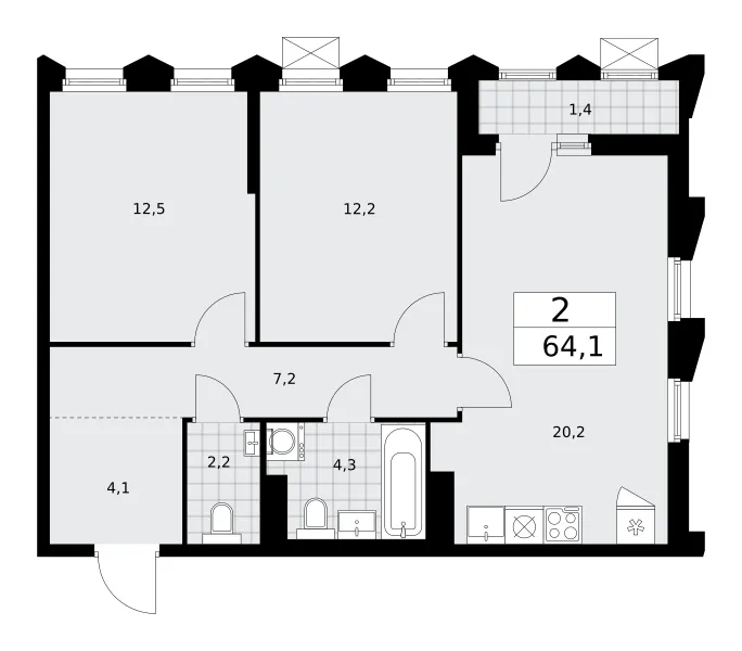 2-комн. 64.1 м²