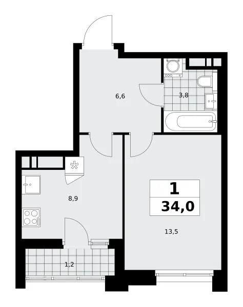 1-комн. 34 м²