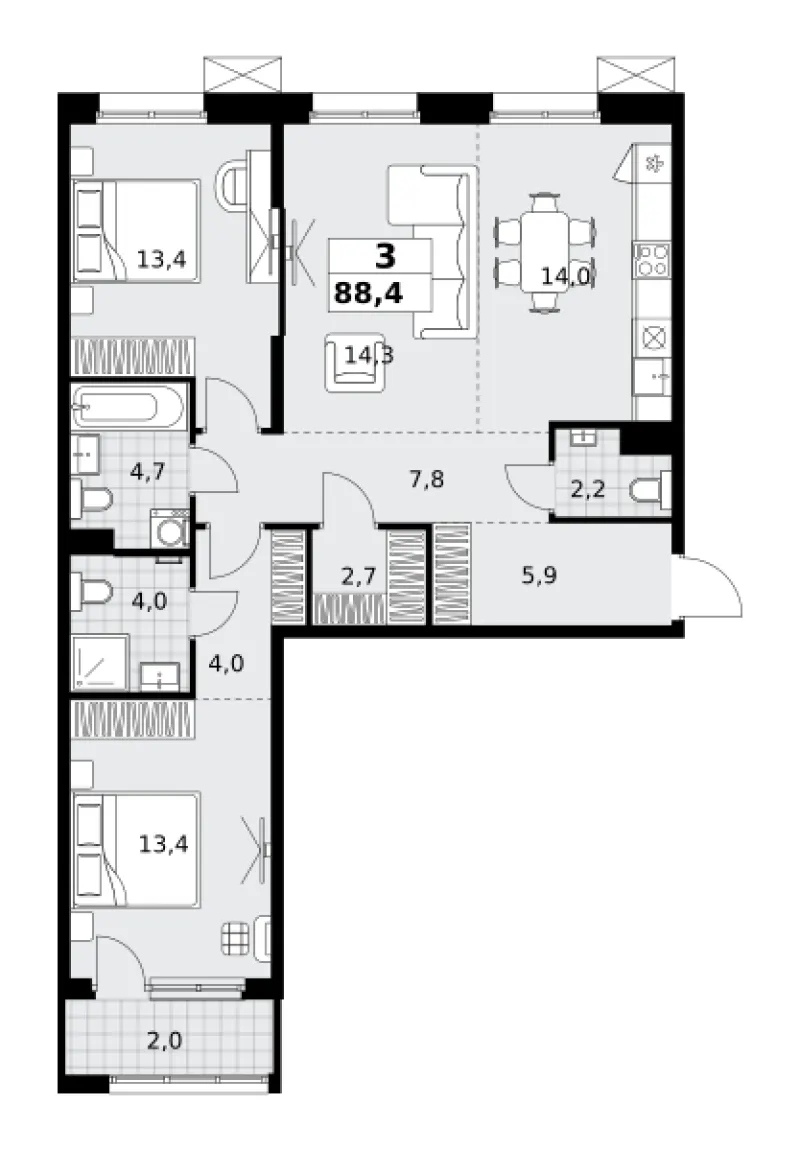 3-комн. 88.4 м²