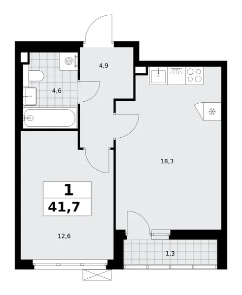 1-комн. 41.7 м²