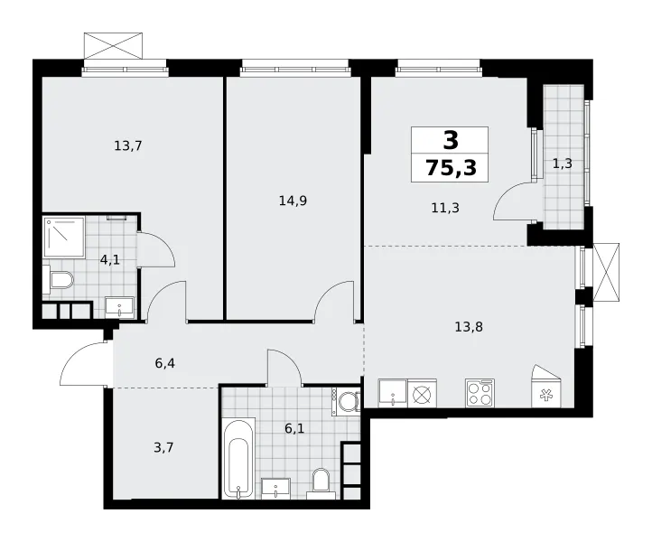 3-комн. 75.3 м²