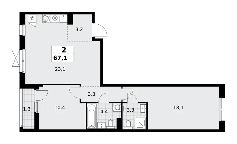 2-комн. 67.1 м²