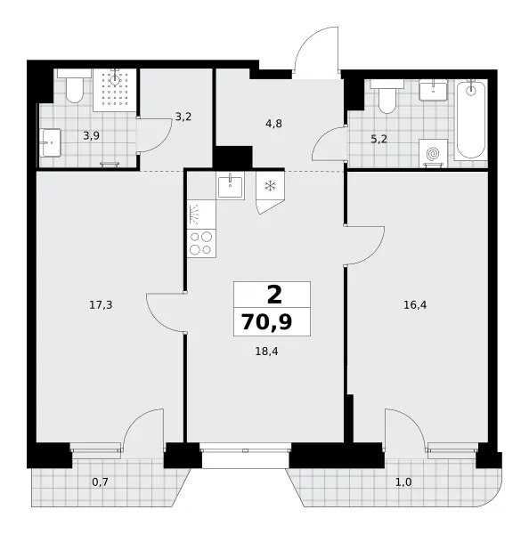 2-комн. 70.9 м²