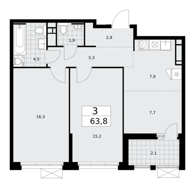 3-комн. 63.8 м²