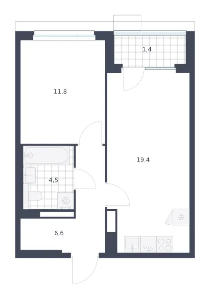 1-комн. 43.7 м²