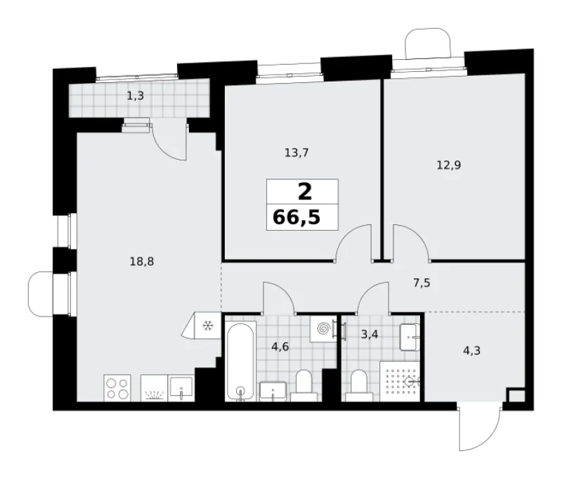 2-комн. 66.5 м²