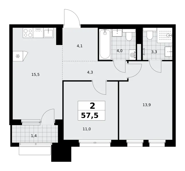2-комн. 57.5 м²