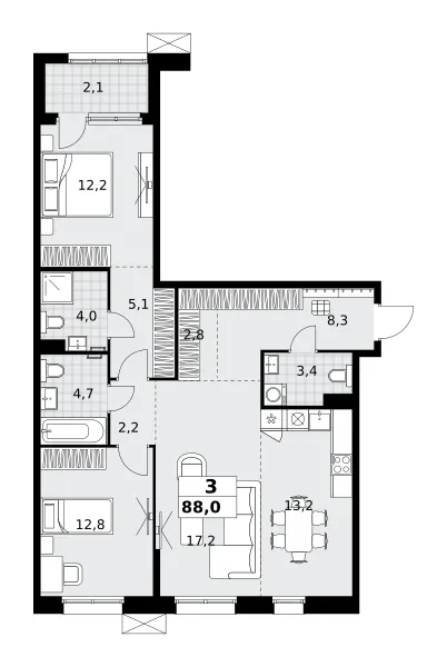 3-комн. 88 м²