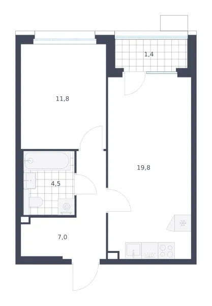 1-комн. 44.5 м²