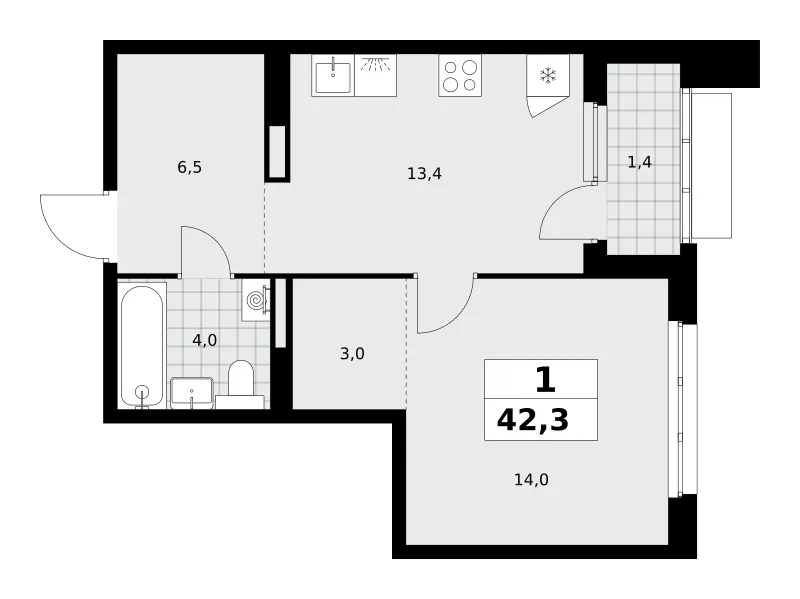 1-комн. 42.3 м²