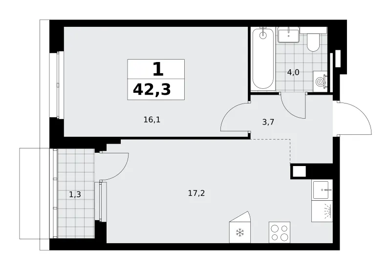1-комн. 42.3 м²