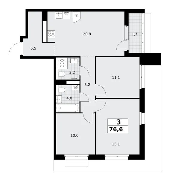 3-комн. 76.6 м²
