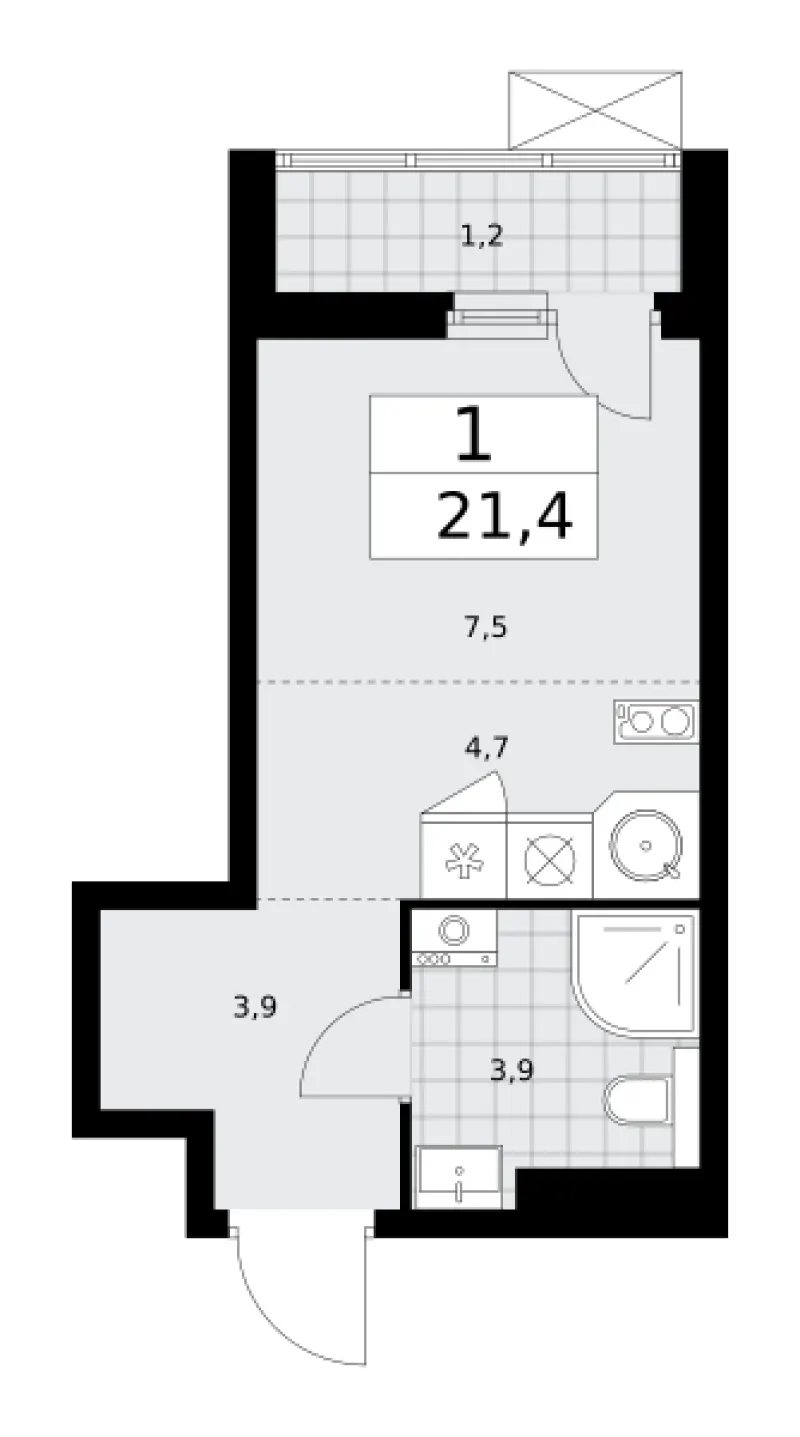 Студия 21.4 м²