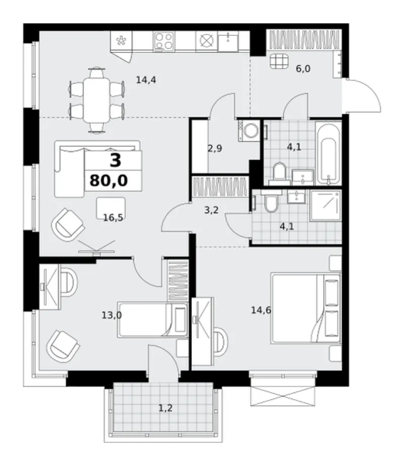 3-комн. 80 м²