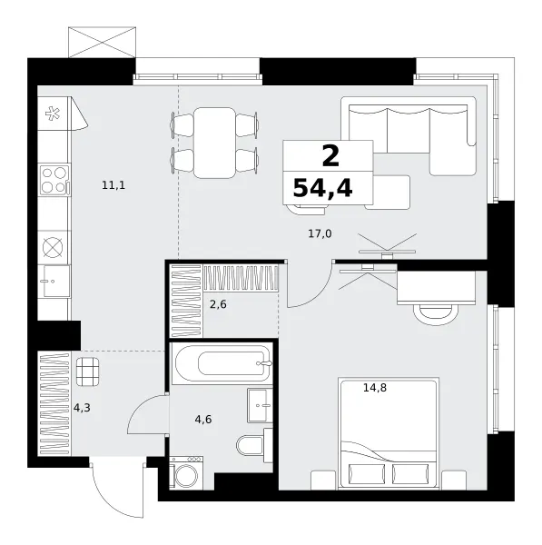 2-комн. 54.4 м²