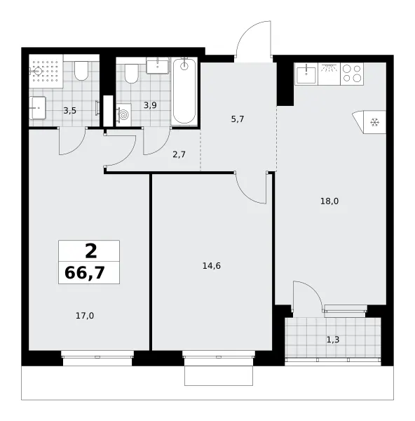 2-комн. 66.7 м²