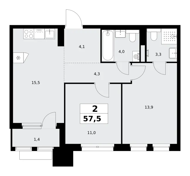 2-комн. 57.5 м²
