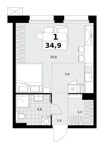 34,9 м² — планировка