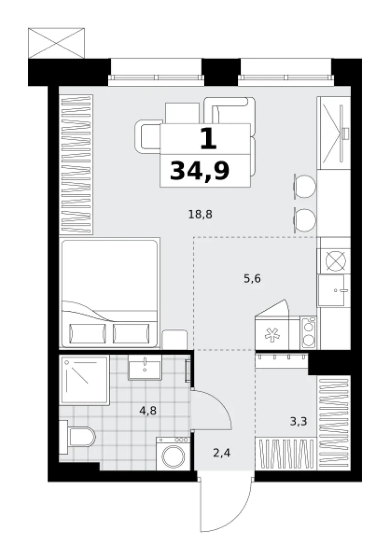 Студия 34.9 м²