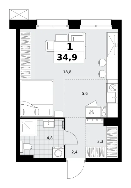 Студия 34,9 м²