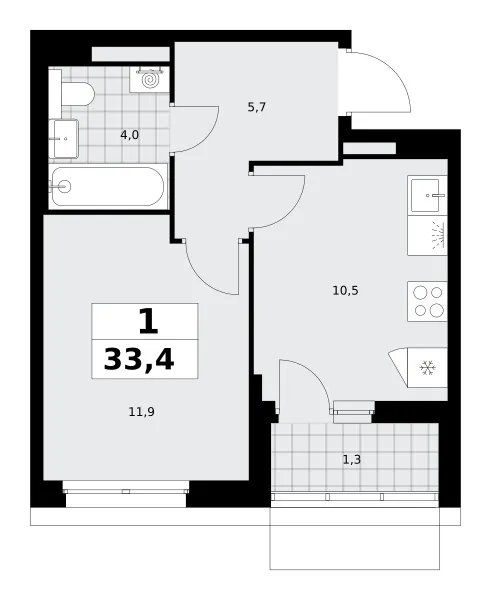 1-комн. 33.4 м²