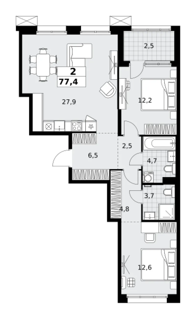2-комн. 77.4 м²