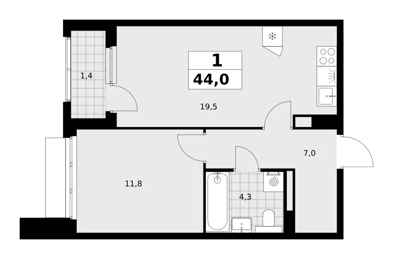 1-комн. 44 м²