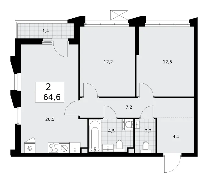 2-комн. 64.6 м²