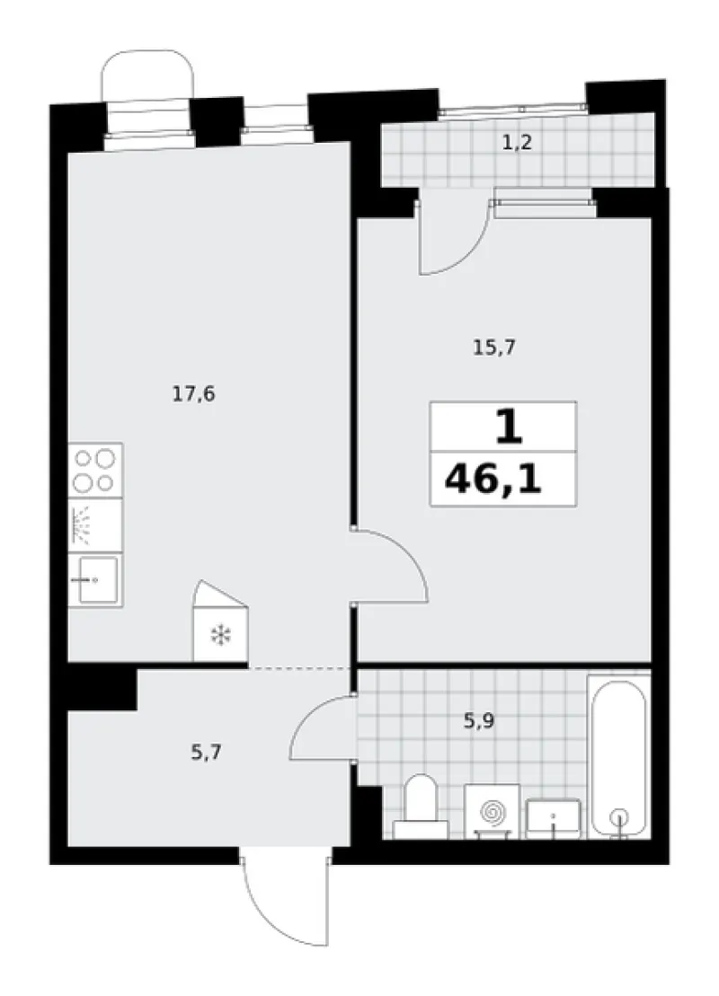 1-комн. 46.1 м²
