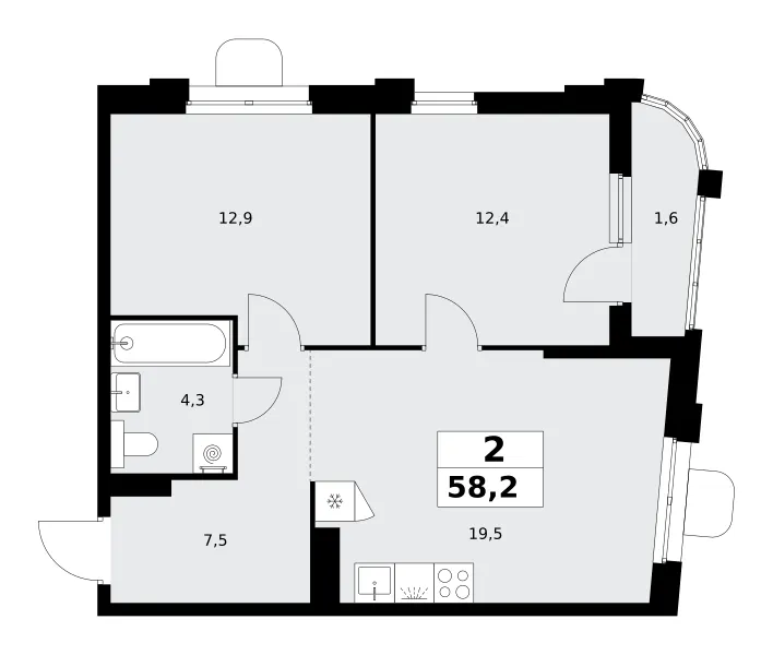 2-комн. 58.2 м²