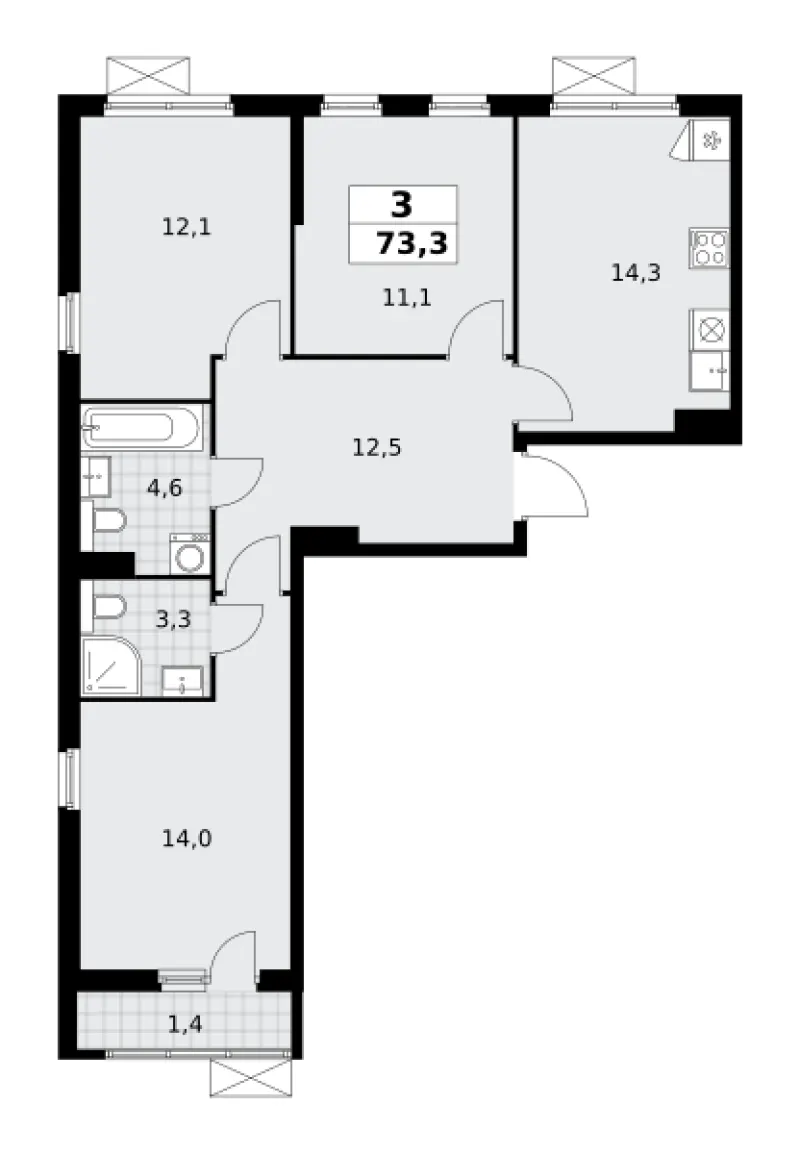 3-комн. 73.2 м²