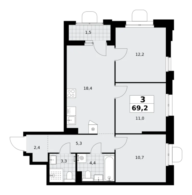 3-комн. 69.2 м²