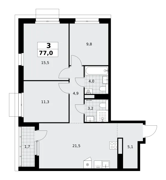 3-комн. 77 м²
