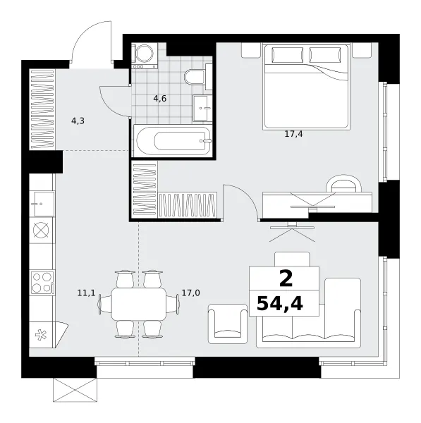 2-комн. 54.4 м²