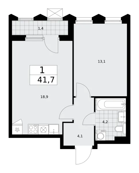 1-комн. 41.7 м²