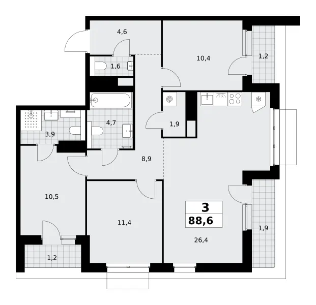 3-комн. 88.6 м²