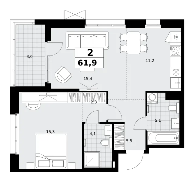 2-комн. 61.9 м²