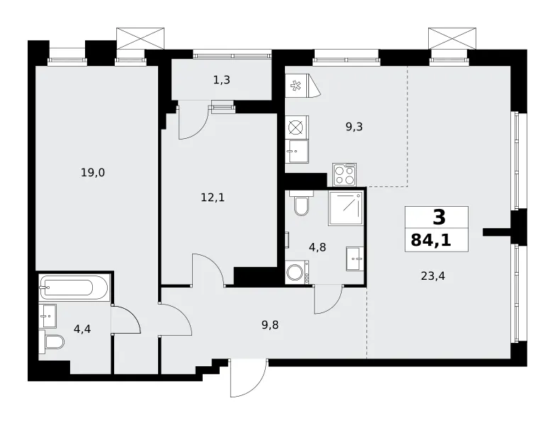 3-комн. 84.1 м²