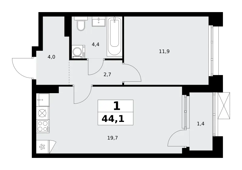 1-комн. 44.1 м²